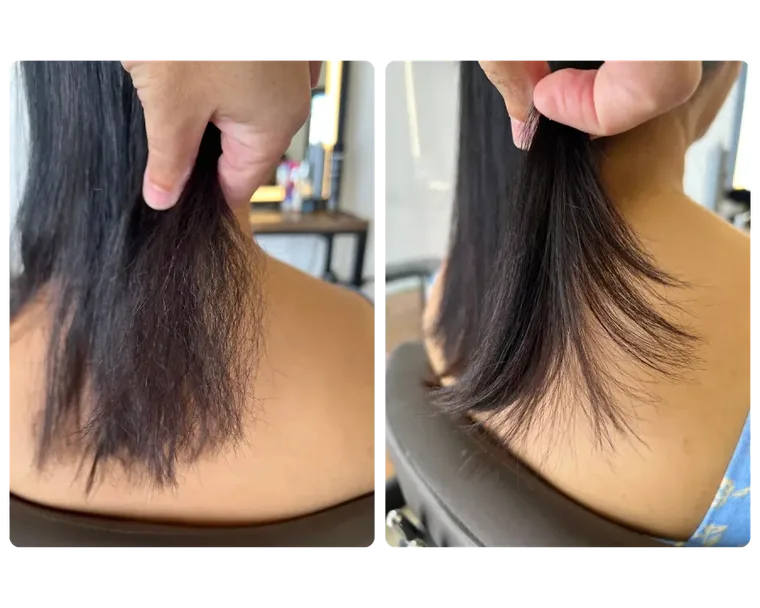 Antes e depois das pontas: à esquerda o fio esfiapado e arrepiado, à direita o mesmo cabelo liso e alinhado