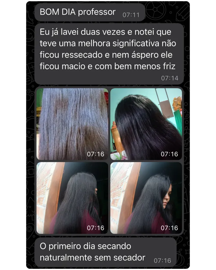 Conversa com quatro fotos: aluna mostra o cabelo liso macio e com bem menos frizz depois de duas lavagens, secando naturalmente