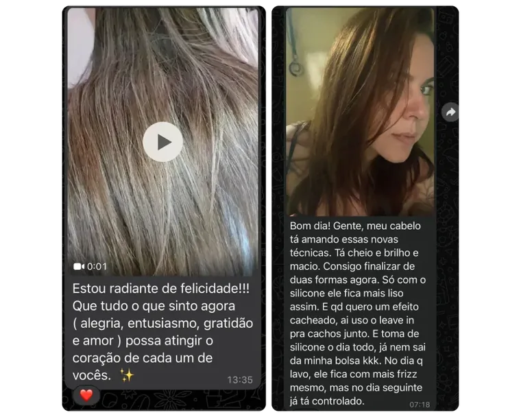 Conversa: aluna diz que o cabelo está cheio, com brilho e macio, e que com o finalizador fica mais liso
